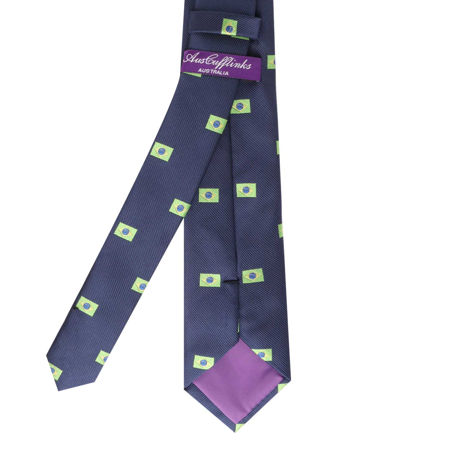 A Brazil Flag Skinny Tie with a vibrant green and purple pattern.