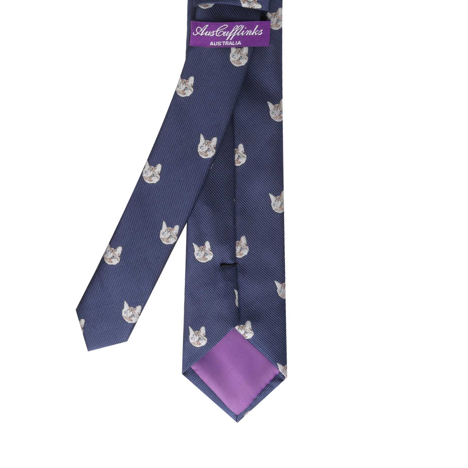 A Cat Skinny Tie with a cat print on it.