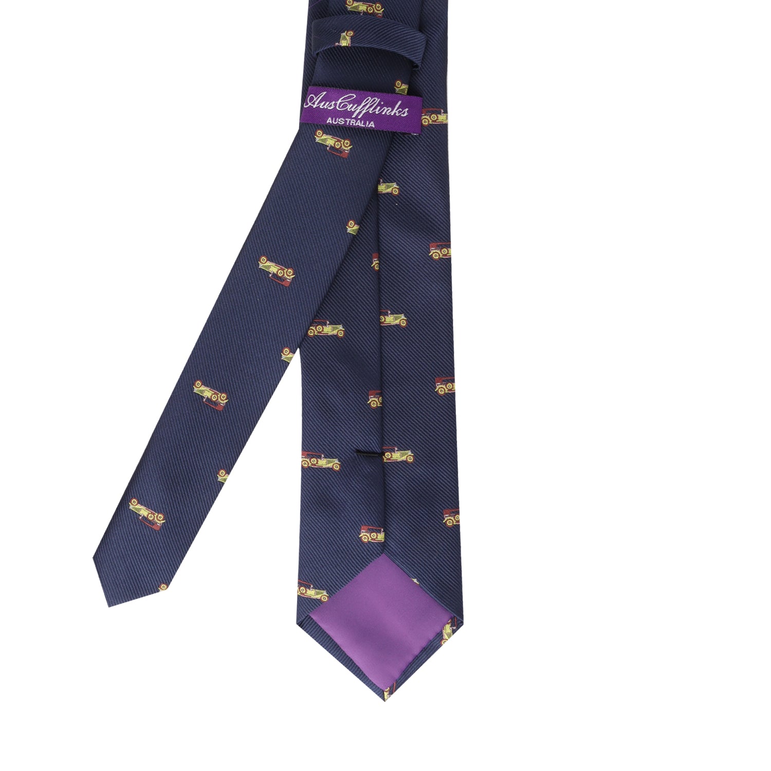 A Classic Car Skinny Tie with a purple and yellow vintage class design on it.