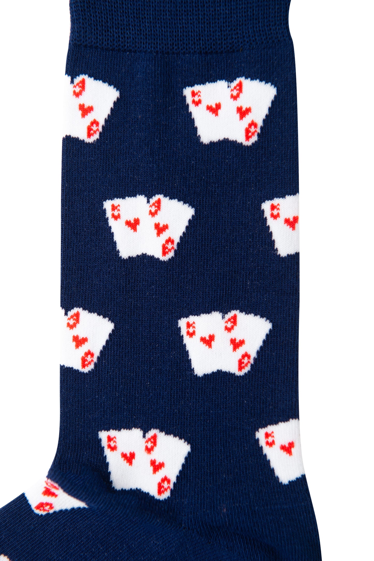 Add a playful touch to your look with Poker Socks—navy blue socks featuring white envelopes adorned with red hearts, perfect as a charming gift for poker enthusiasts.