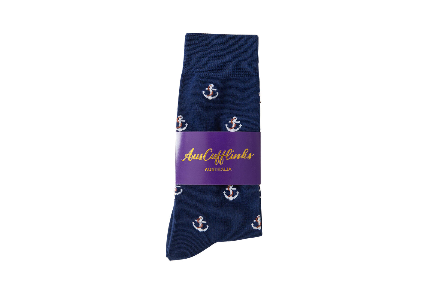 A blue Anchor Sock with white anchors on it.