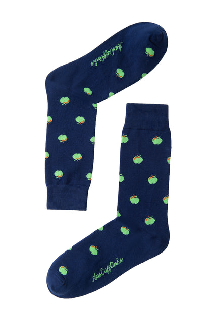 A pair of Apple Socks with green leaves on them.