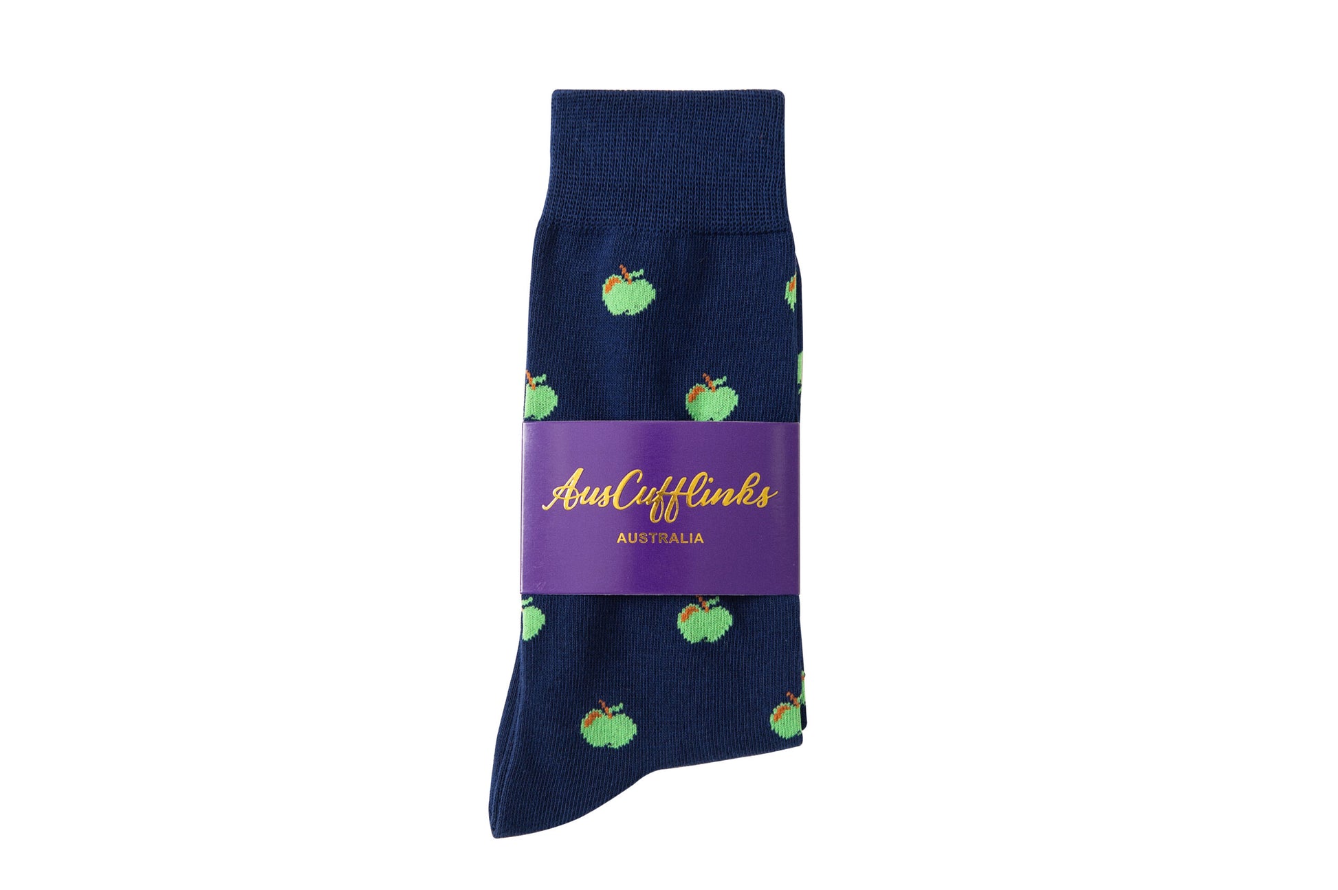 A pair of Apple Socks with green apples on a navy blue background.