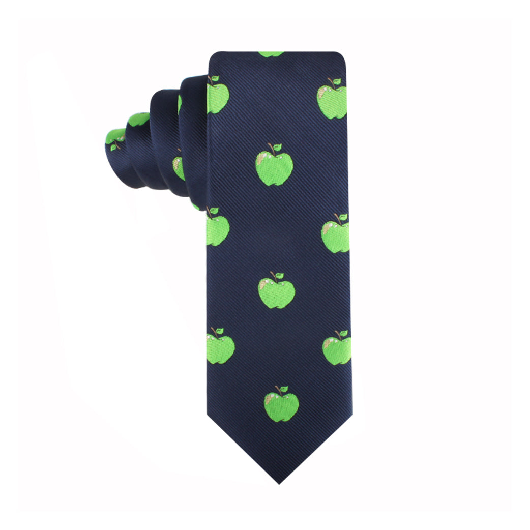An Apple Slim Tie with a repeating green apple pattern displayed on a white background, exuding modern style and natural freshness.