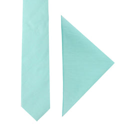 Aqua Skinny Necktie and Pocket Square Set on a white background.