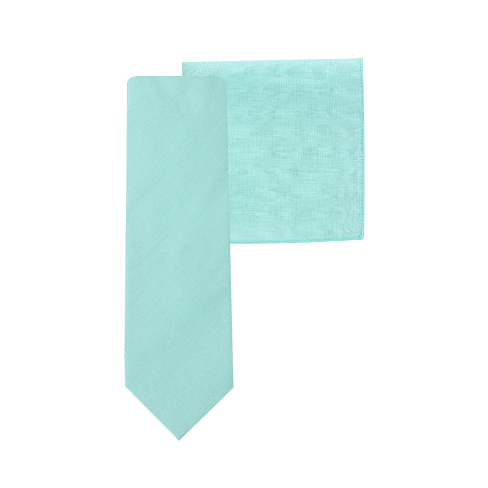 A cool Aqua Skinny Necktie and Pocket Square Set on a white background.