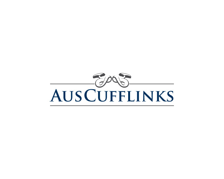 Logo for "AUSCUFFLINKS" with two cufflinks above the brand name, centered on white, accented by two horizontal lines inspired by the Navy White Stripe Tie—ideal for business settings.