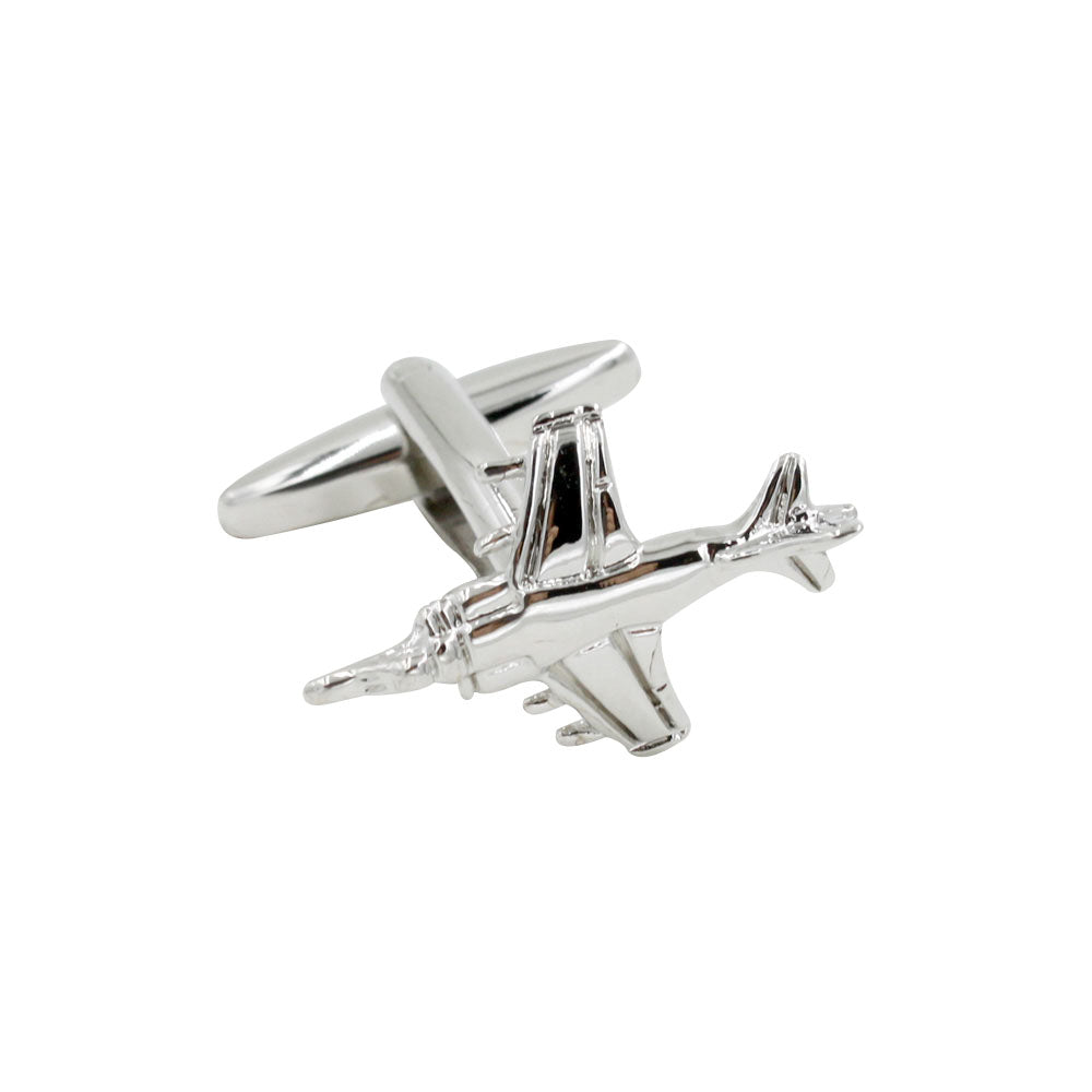 These Fighter Jet Cufflinks, shaped like sleek silver airplanes, make a unique gift against the pristine white background.