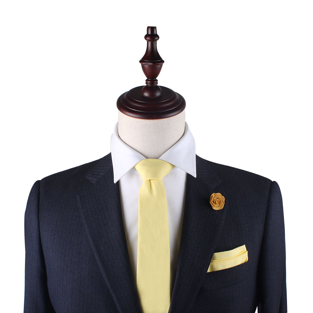 Baby Yellow Cotton Skinny Cotton Tie & Pocket Square Set