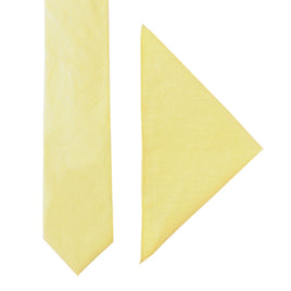 A elegant Baby Yellow Cotton Skinny Cotton Tie and a Baby Yellow handkerchief on a white background.