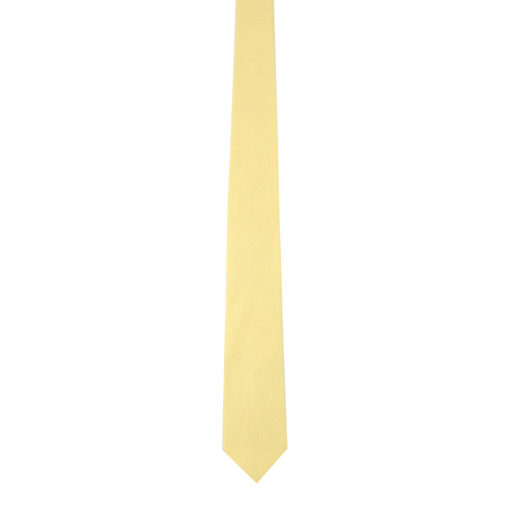 A Baby Yellow Skinny Cotton Tie, resembling a sleek silhouette, isolated on a white background.