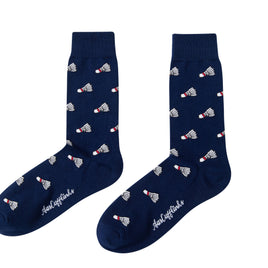 A pair of blue Badminton Socks adorned with vibrant shuttlecocks.