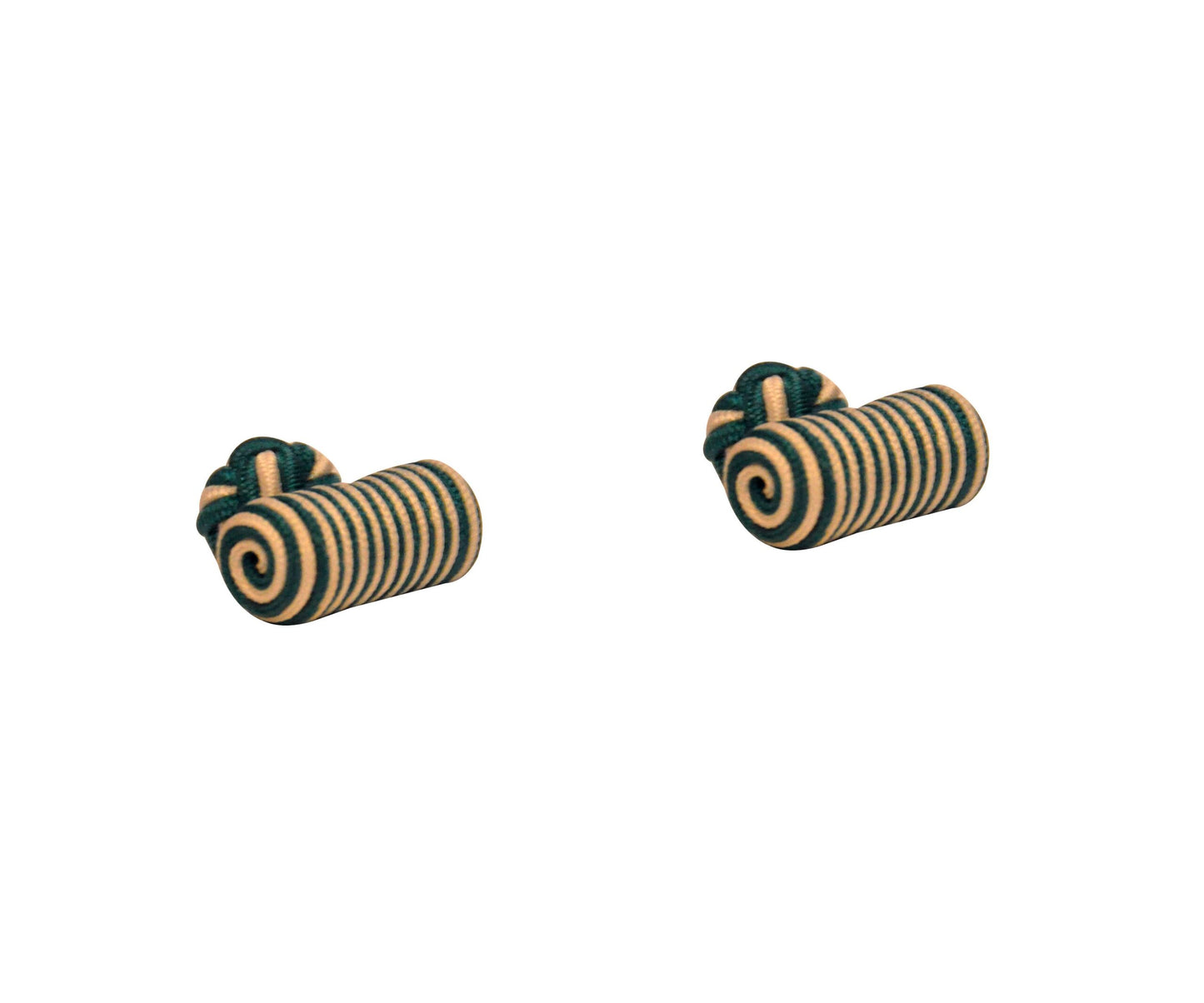 Green & White Barrel Cufflinks feature rolled cylindrical shapes with alternating dark and light stripes, reminiscent of silk knot designs, set against a plain white background.