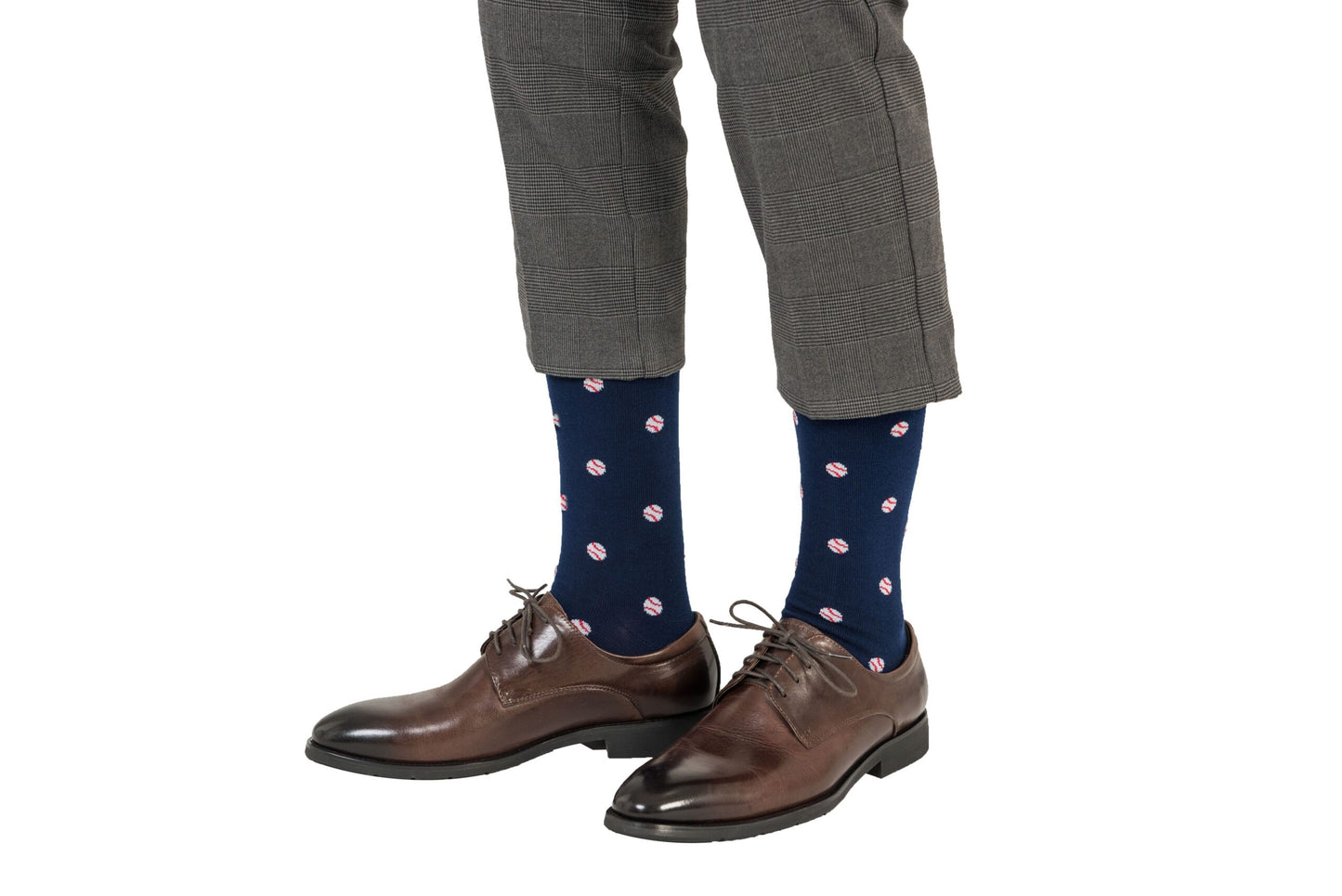 A person sporting Baseball Socks.