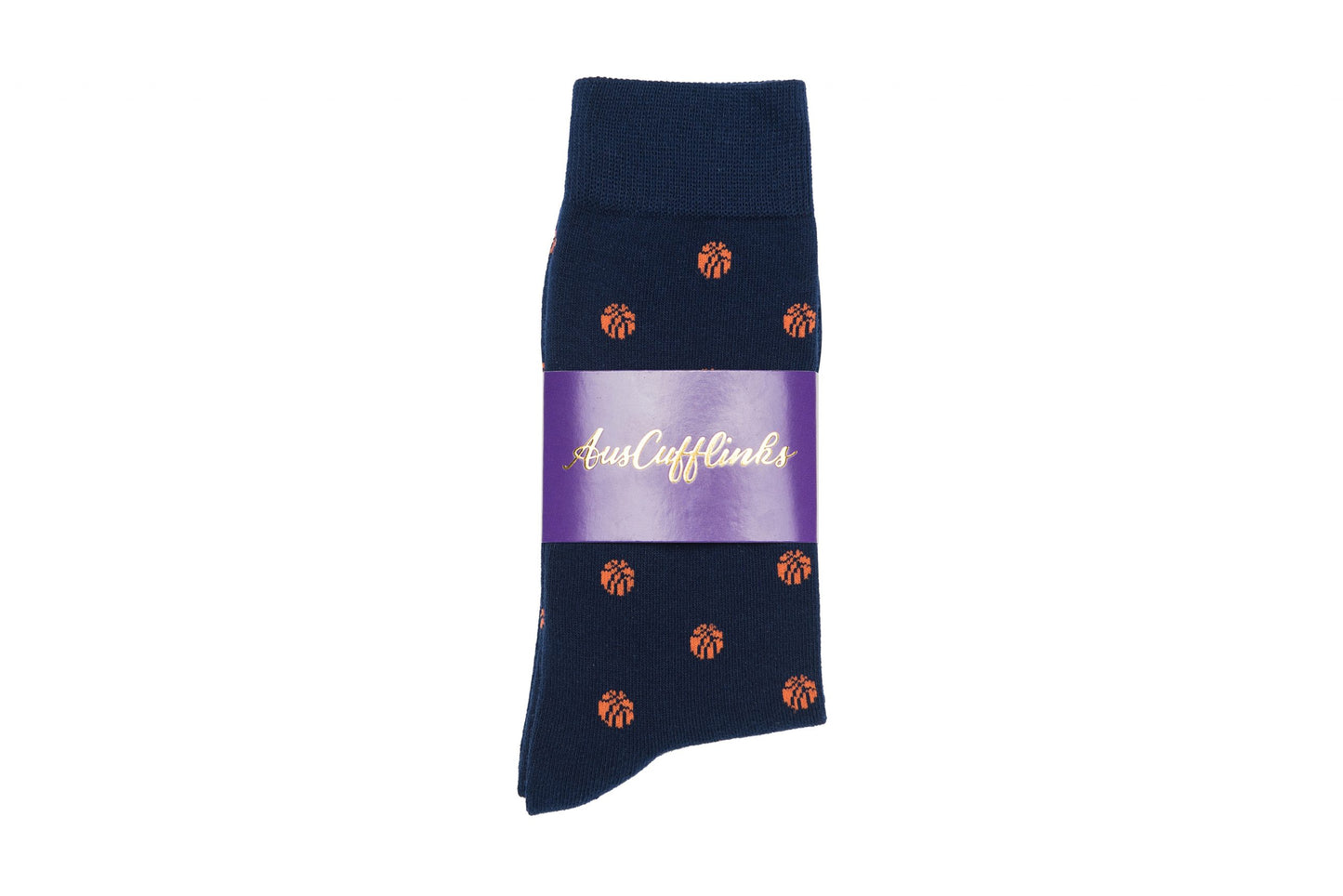 A pair of Basketball Socks with navy blue, orange, and black polka dots.