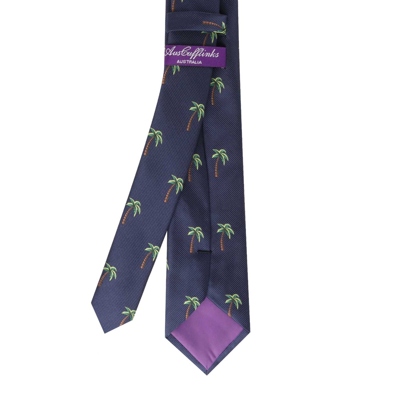 The Beach Theme Tie in navy blue showcases a pattern of green palm trees, offering a touch of tropical allure, and features a purple label that reads "Australia.