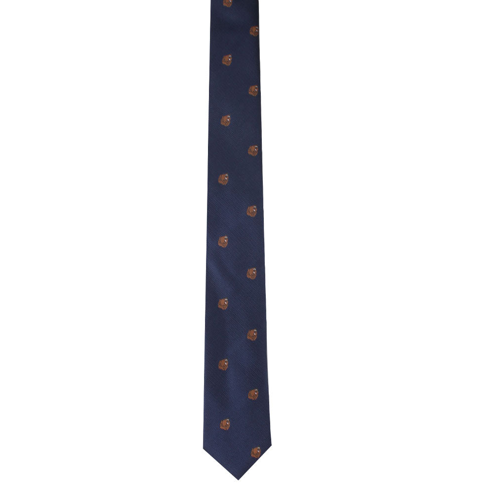 A blue silk necktie exuding sophistication with a repeated pattern of small orange motifs, channeling the untamed allure of majestic grizzly bears.