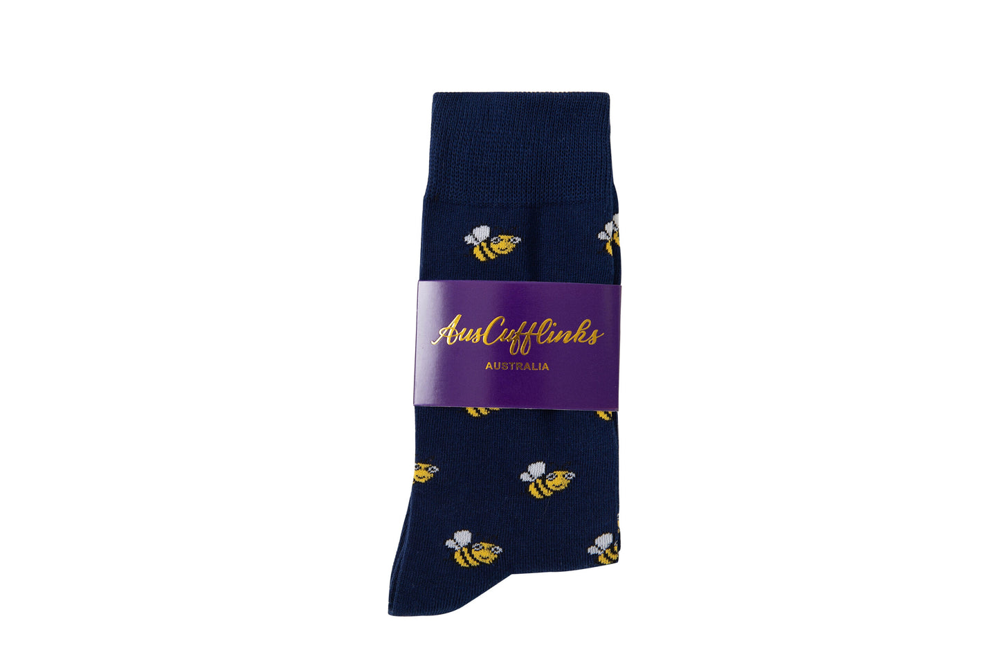These Bee Socks are navy blue with small yellow bee patterns and come wrapped in a purple "AustCufflinks Australia" label.