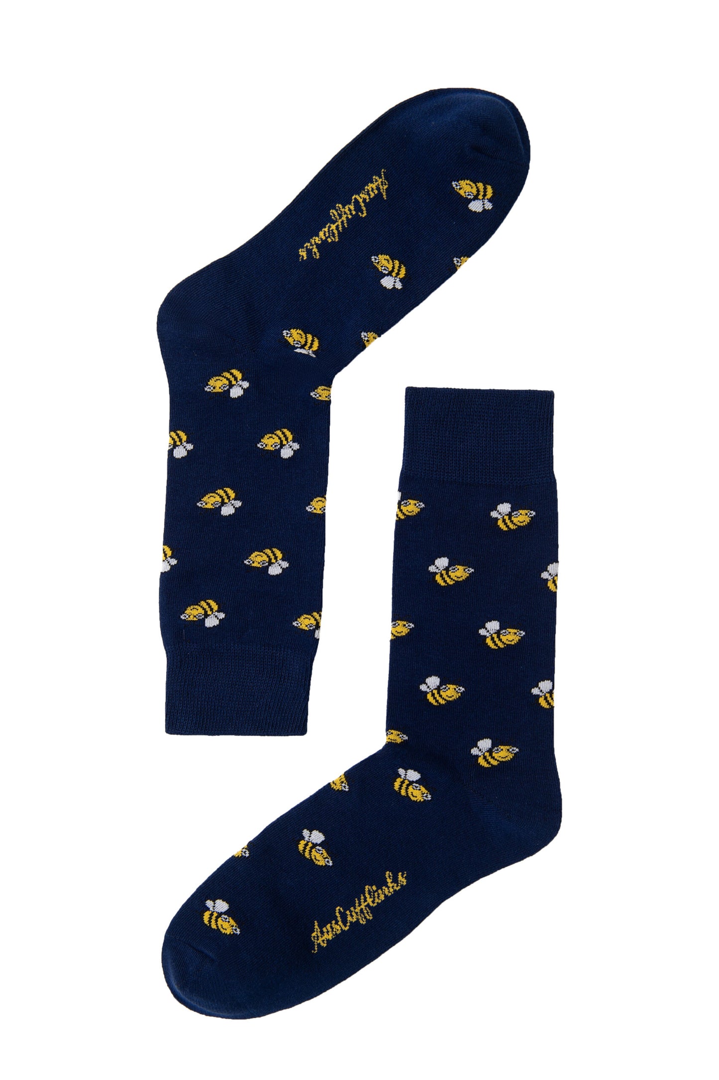 Bee Socks: Navy blue socks featuring a pattern of small yellow bees and "AussieBumble" in yellow text on the soles.