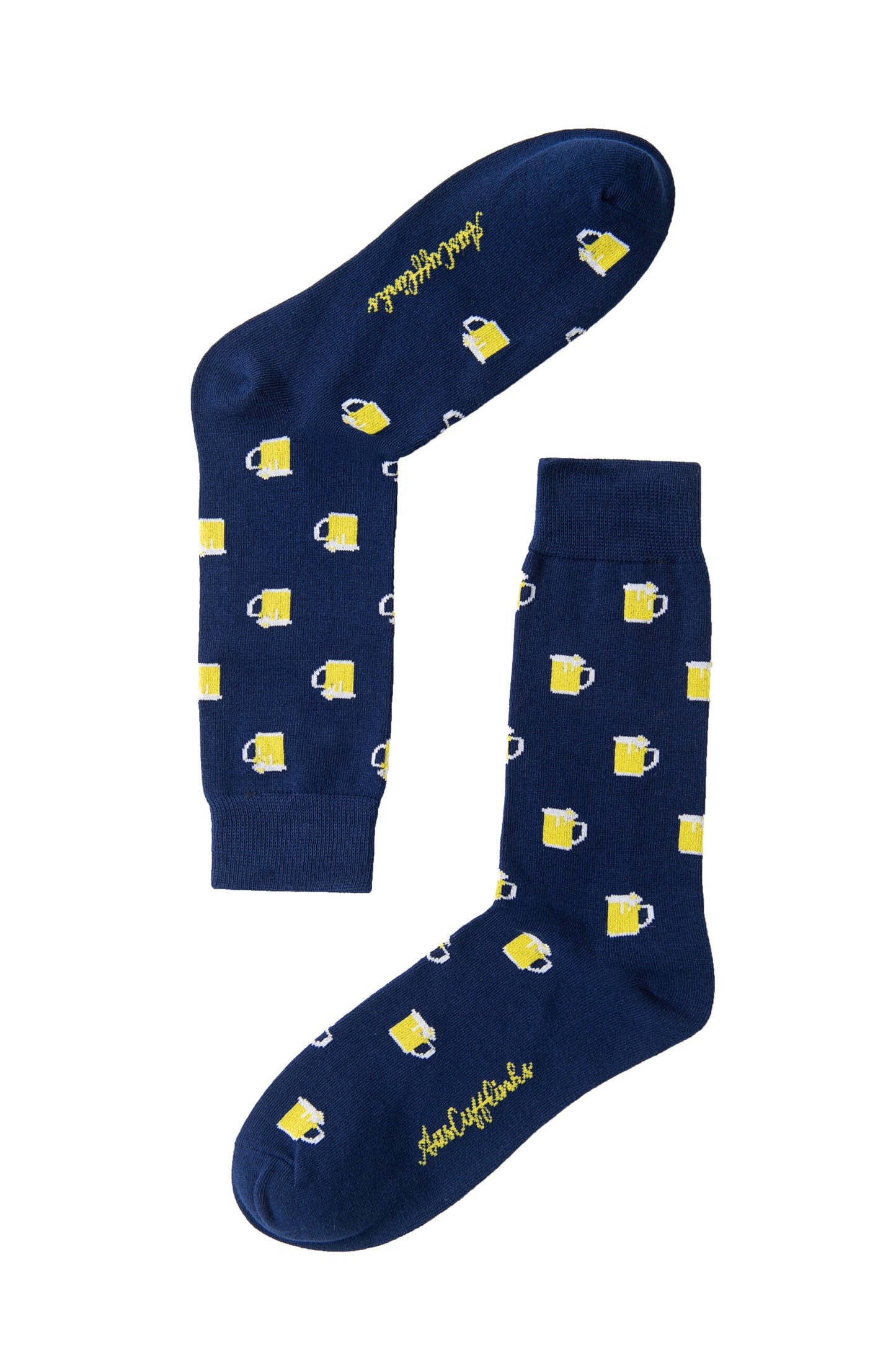 Beer Socks: Navy blue socks with a repeating yellow beer mug pattern and script text near the toe and sole—perfect for beer lovers.