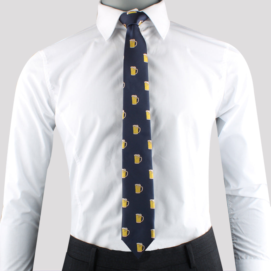 A person wearing a white dress shirt with a navy blue Beer Lover Tie, exuding a sense of conviviality and modern style.