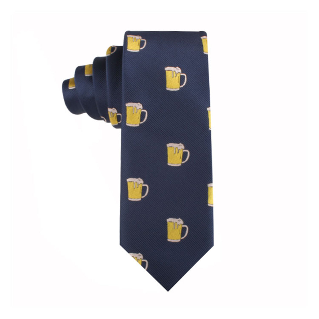 A navy blue Beer Slim Tie with a repeated pattern of yellow beer mugs, perfect for adding a touch of conviviality to modern style.