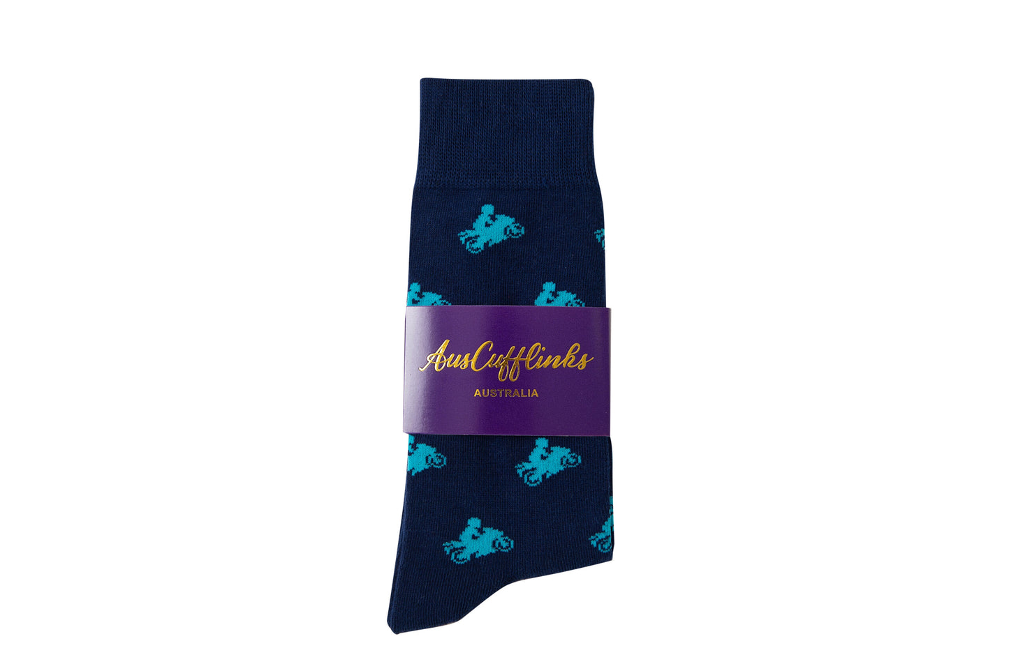 Motorbike Socks: A single navy blue sock with turquoise motorcycle patterns, ideal for motorcycle lovers, wrapped in a purple band featuring "AusCufflinks Australia" in yellow lettering.