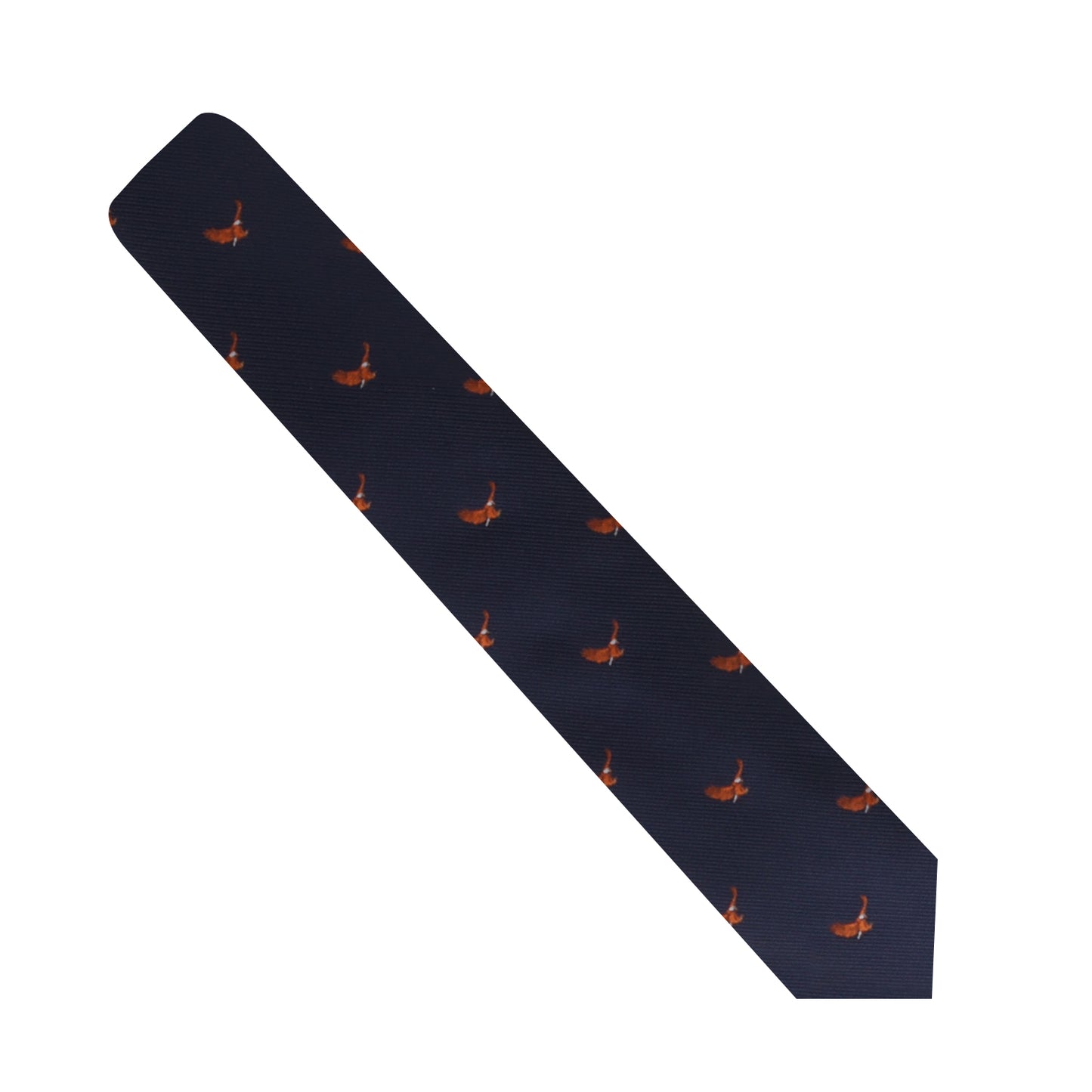 The Bird Themed Skinny Tie is a dark blue necktie adorned with a pattern of small, reddish-orange golf clubs, embodying the essence of majestic fashion.