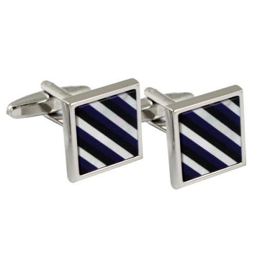 The Black & Blue Cufflinks exude a subtle charm with their square design featuring a diagonal black, blue, and white striped pattern, providing a striking contrast for any attire.