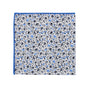 Product Name: Black Light Blue Floral Pocket Square  
Description: A square cloth in a classic design, showcasing a blue and black floral pattern on a white background, accentuated with elegant blue stitching.