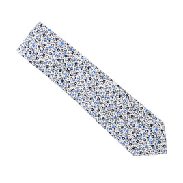 A Black Light Blue Floral Skinny Cotton Tie with bold contrasts of blue and white flowers on it.