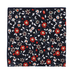 A fiery Black Red Orange Amaryllis floral pocket square with red and white flowers.