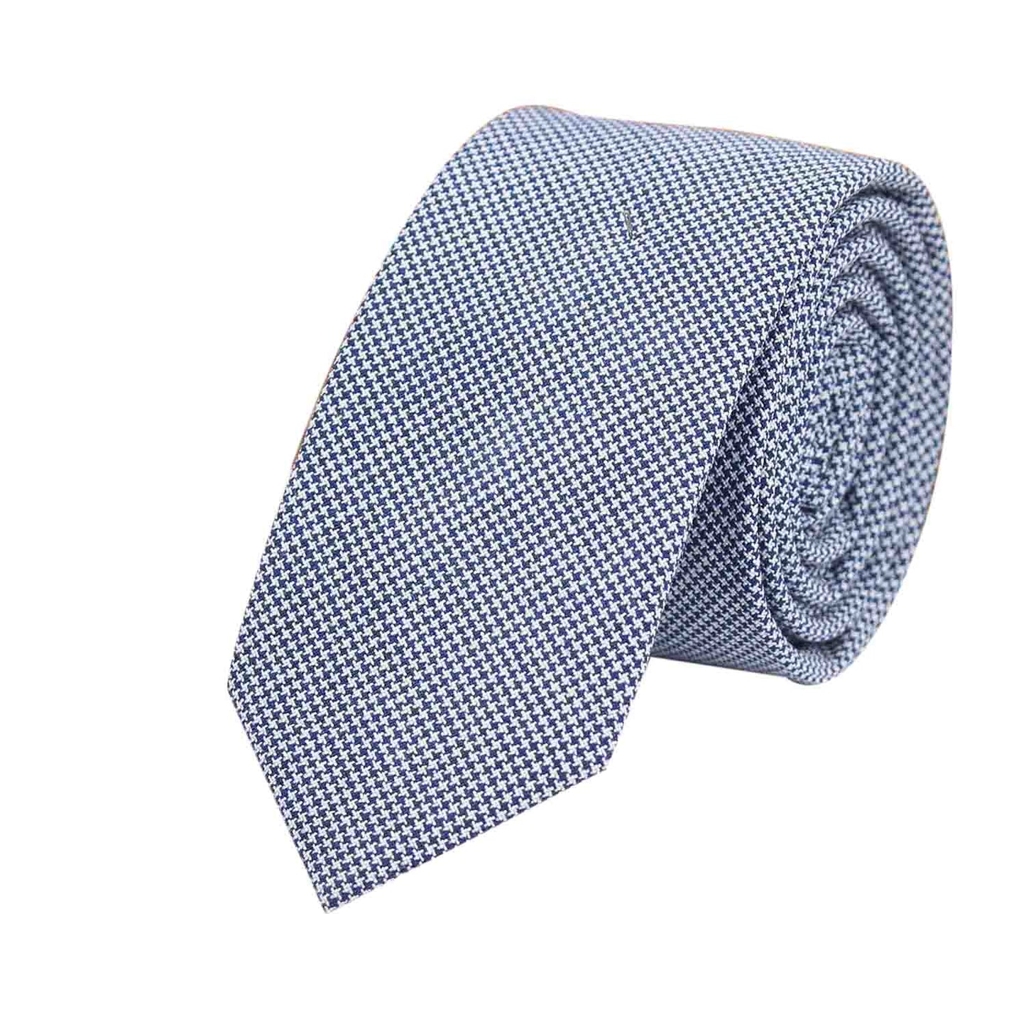 The Navy White Stripe Tie, shown rolled up on a white background, adds subtle nautical flair to business attire with its classic striping.