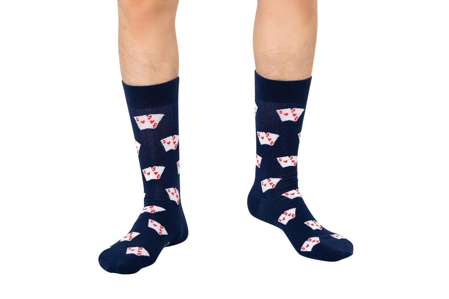 A pair of legs wearing Poker Socks featuring a playful navy blue playing card print—perfect as a fun gift for poker lovers—shown against a white background.