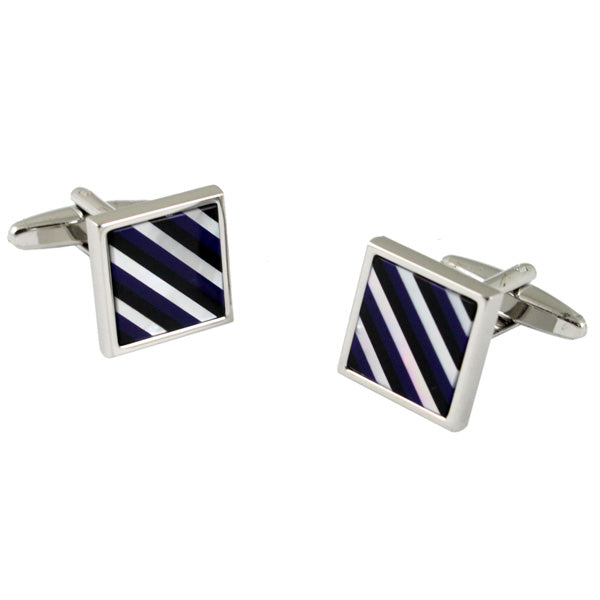 The Black & Blue Cufflinks exude charm with their diagonal black and white striped square faces, creating a striking contrast against a white background.