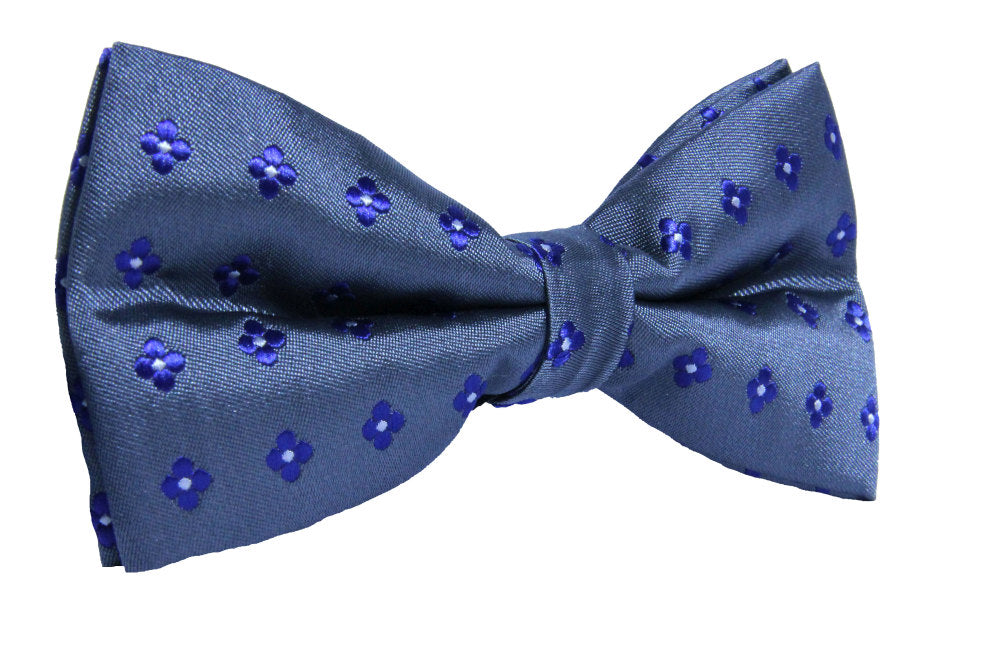 Introducing the Blue Flower Grey Bow Tie, showcasing a sophisticated design of light blue flowers on a dark blue background.
