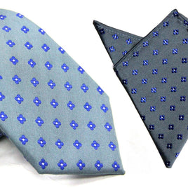 Blue Flower Grey Business Tie & Pocket Square Set