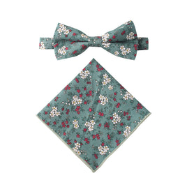Blue White Pink Floral Cotton Bow Tie & Pocket Square Set