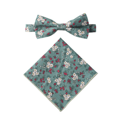 Blue White Pink Floral Cotton Bow Tie & Pocket Square Set