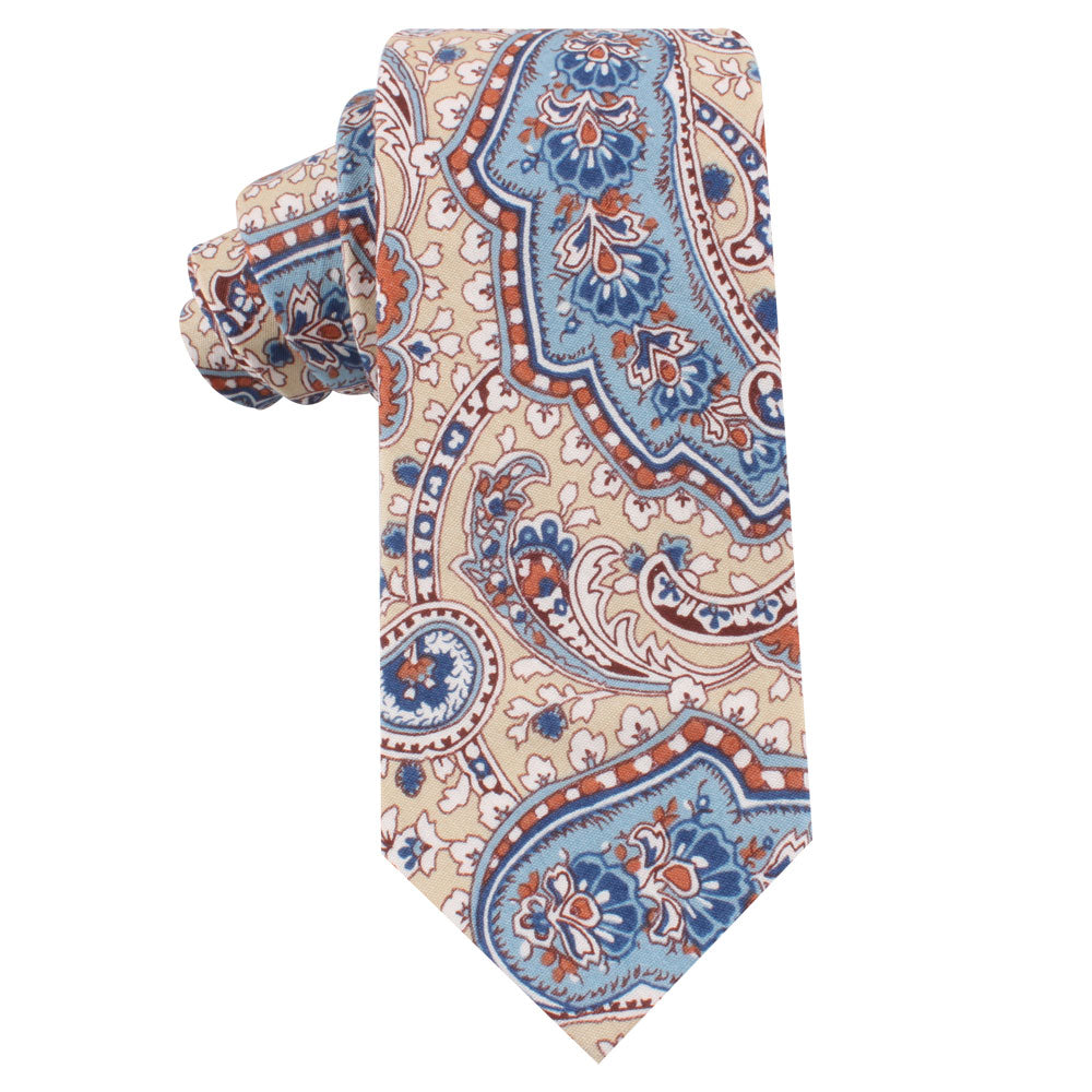 A Blue Latte Brown tie with a paisley pattern, accented by blue and orange floral designs.