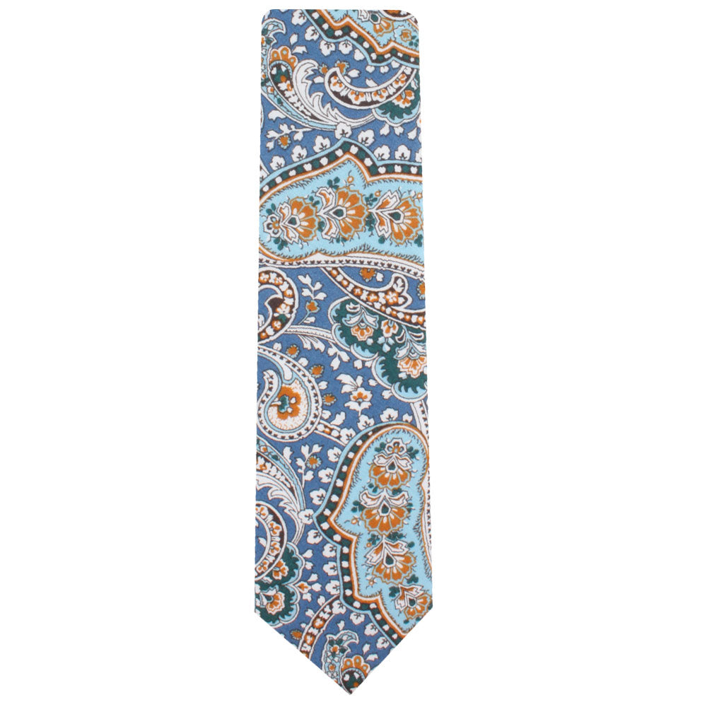 A Blue Paisley Skinny Tie adorned with a dynamic wave-like design showcasing orange, white, and light blue patterns.