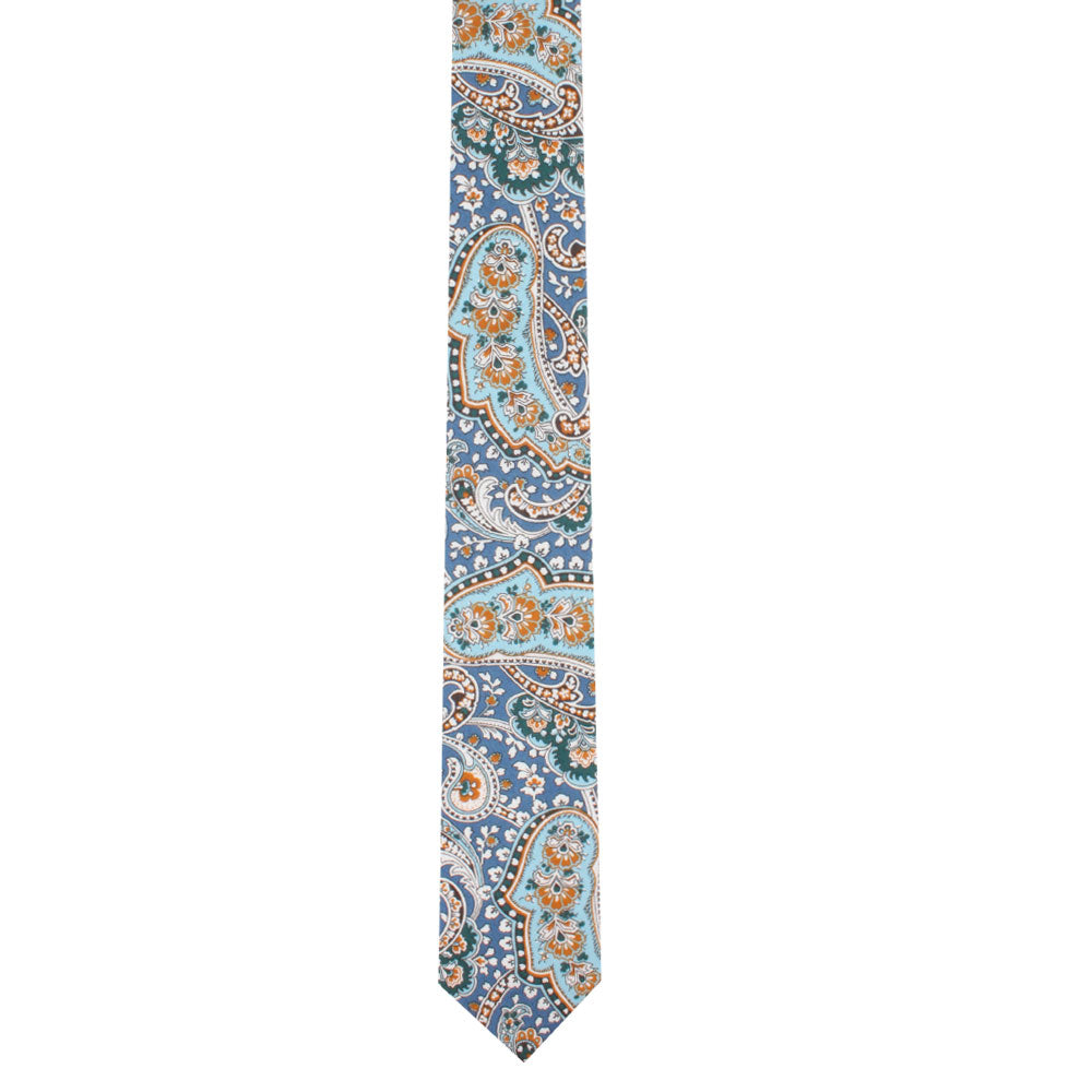 A Blue Paisley Skinny Tie boasting an intricate design with waves of orange, teal, and white accents.
