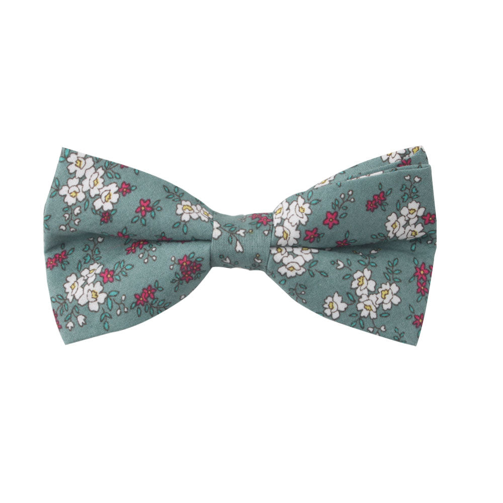 A blue bow tie with an elegant white and pink floral pattern, perfect for the distinguished gentleman.