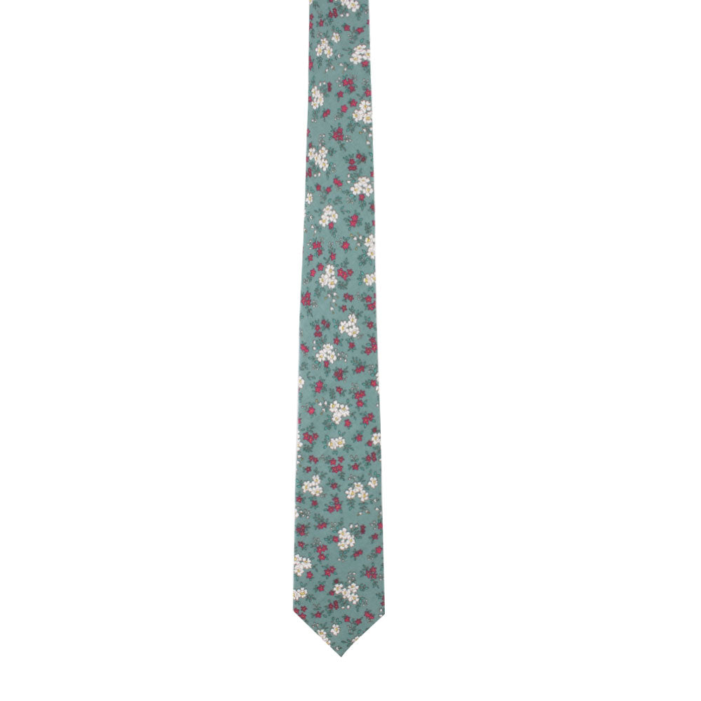 The Blue White Pink Floral Cotton Skinny Tie and Pocket Square Set reflects a timeless style with its floral design in shades reminiscent of a pastel bouquet.
