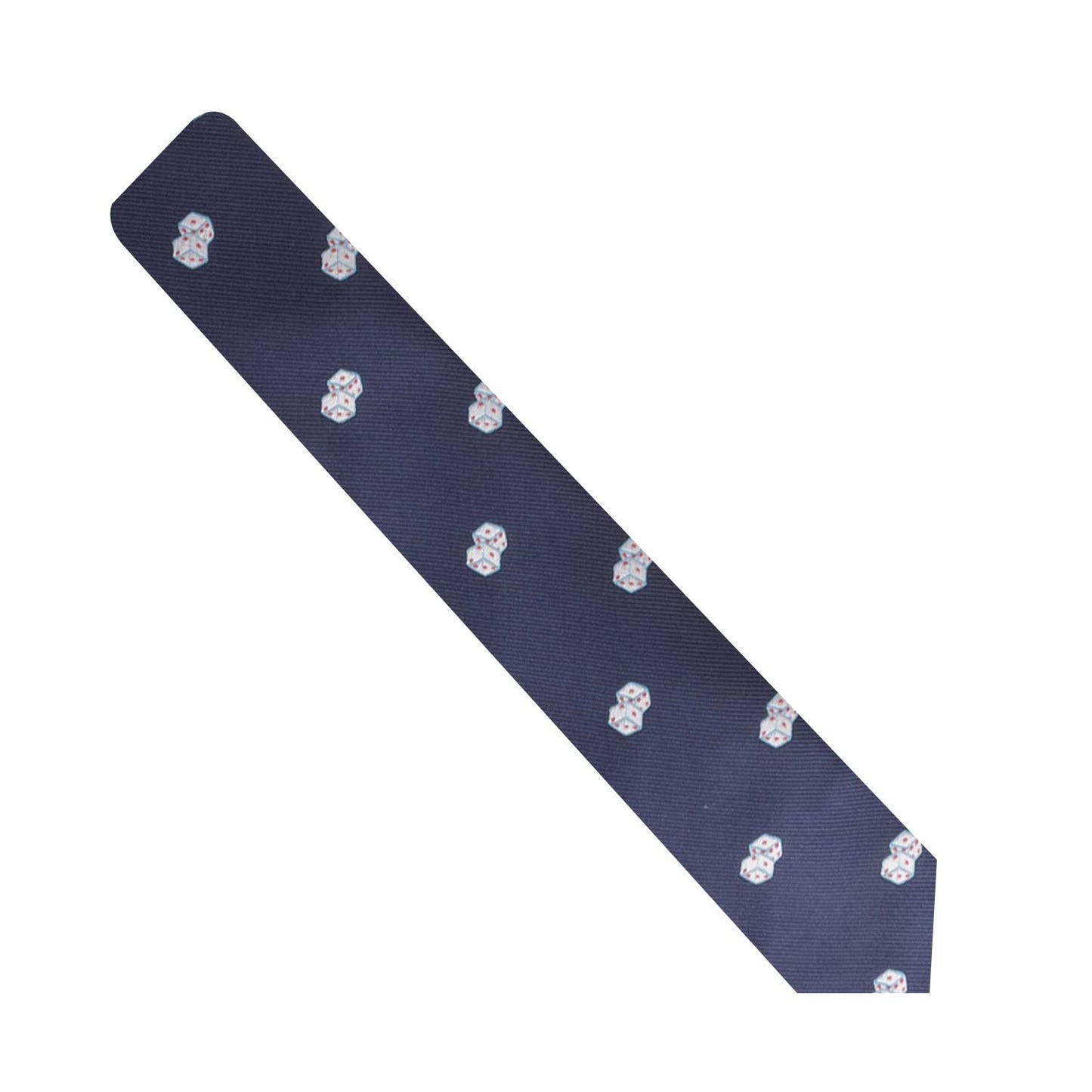 The Board Game Tie offers a bold statement for fashion risk-takers, featuring a diagonal view of its dark blue fabric adorned with a pattern of small white skulls.