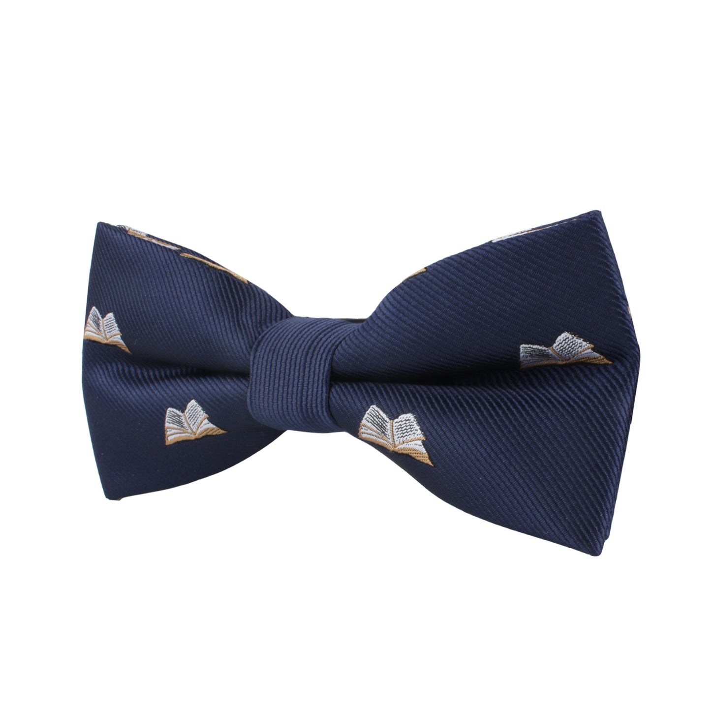 The Book Bow Tie, featuring a navy blue background and small embroidered open books, is perfect to script your style and tell your unique story.
