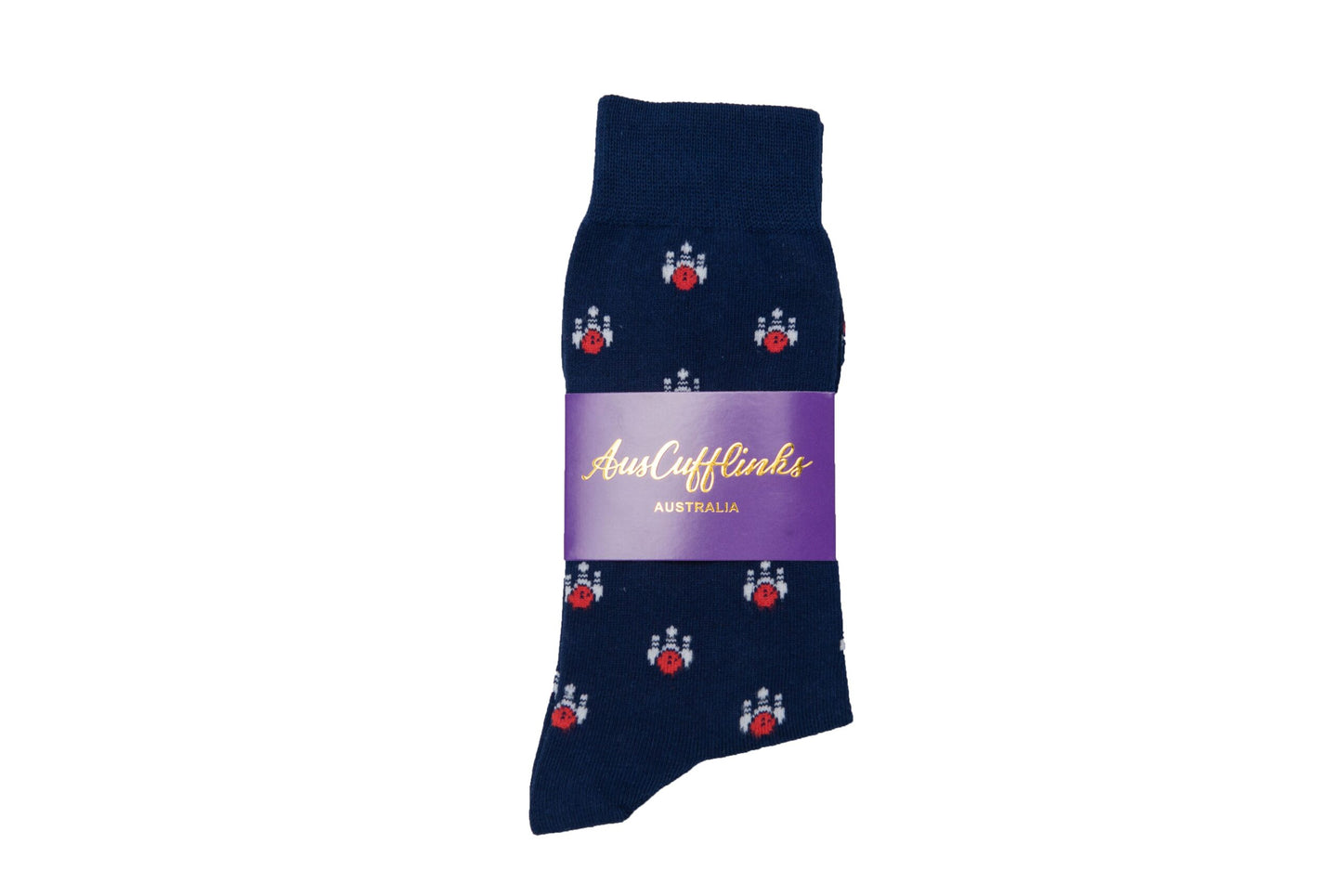 Featuring small red and white crab patterns, the Ten Pin Socks in navy bring a lively touch to your everyday style. Wrapped in a vibrant purple "AusCufflinks Australia" label, these stylish socks add a whimsical element to any outfit.
