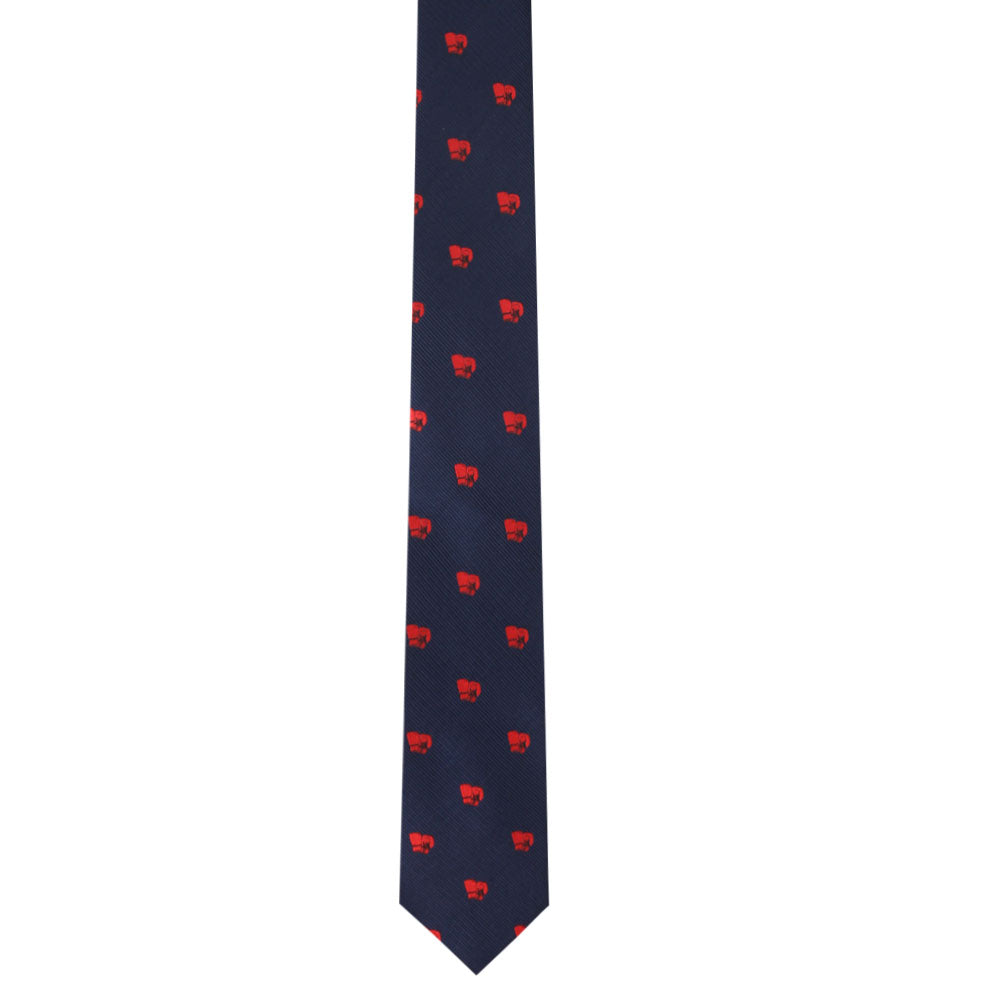 A navy Boxing Gloves Tie with red hearts on it and boxing-themed design.