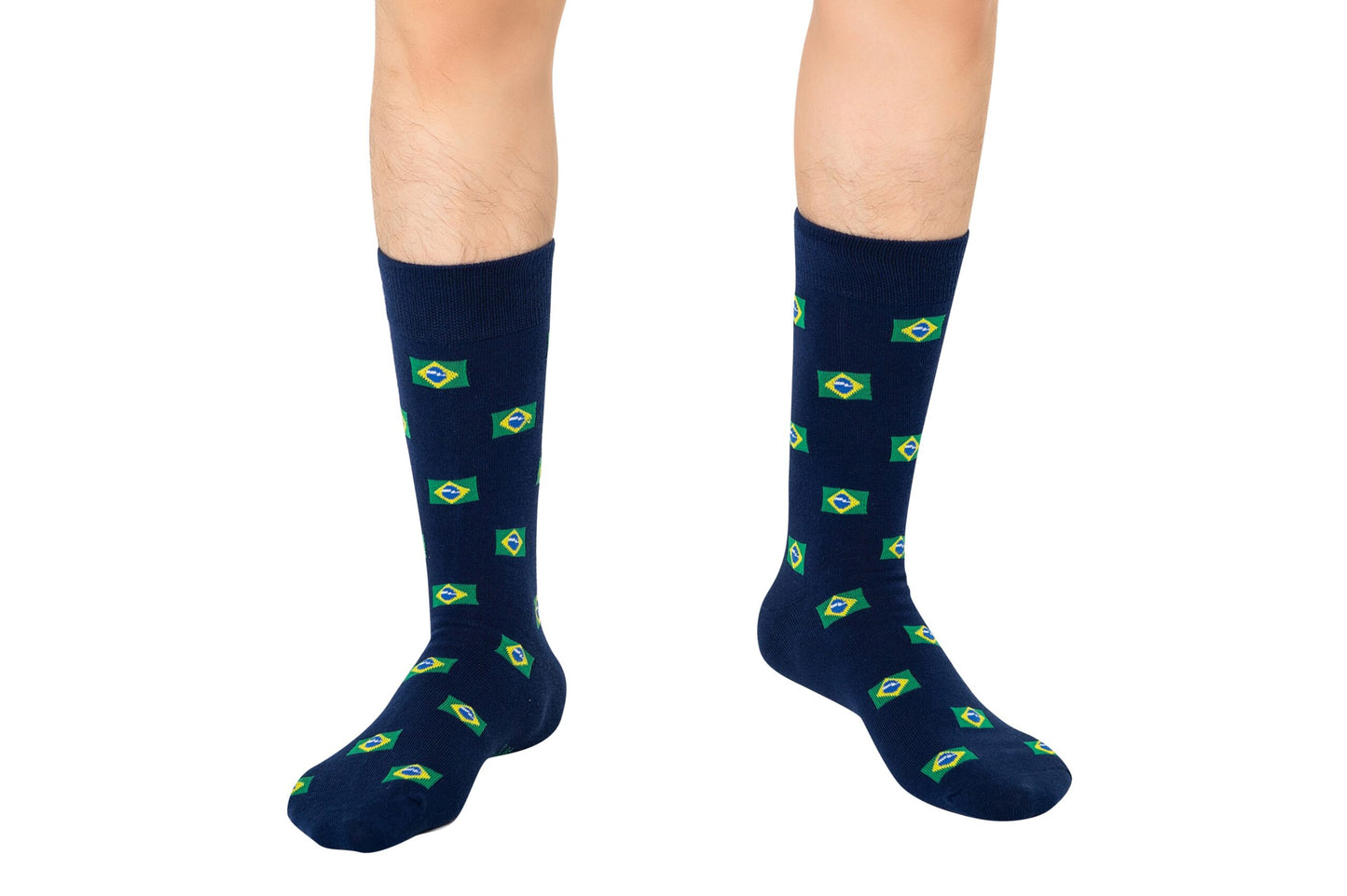 A pair of Brazil Flag Socks wearing colorful socks.