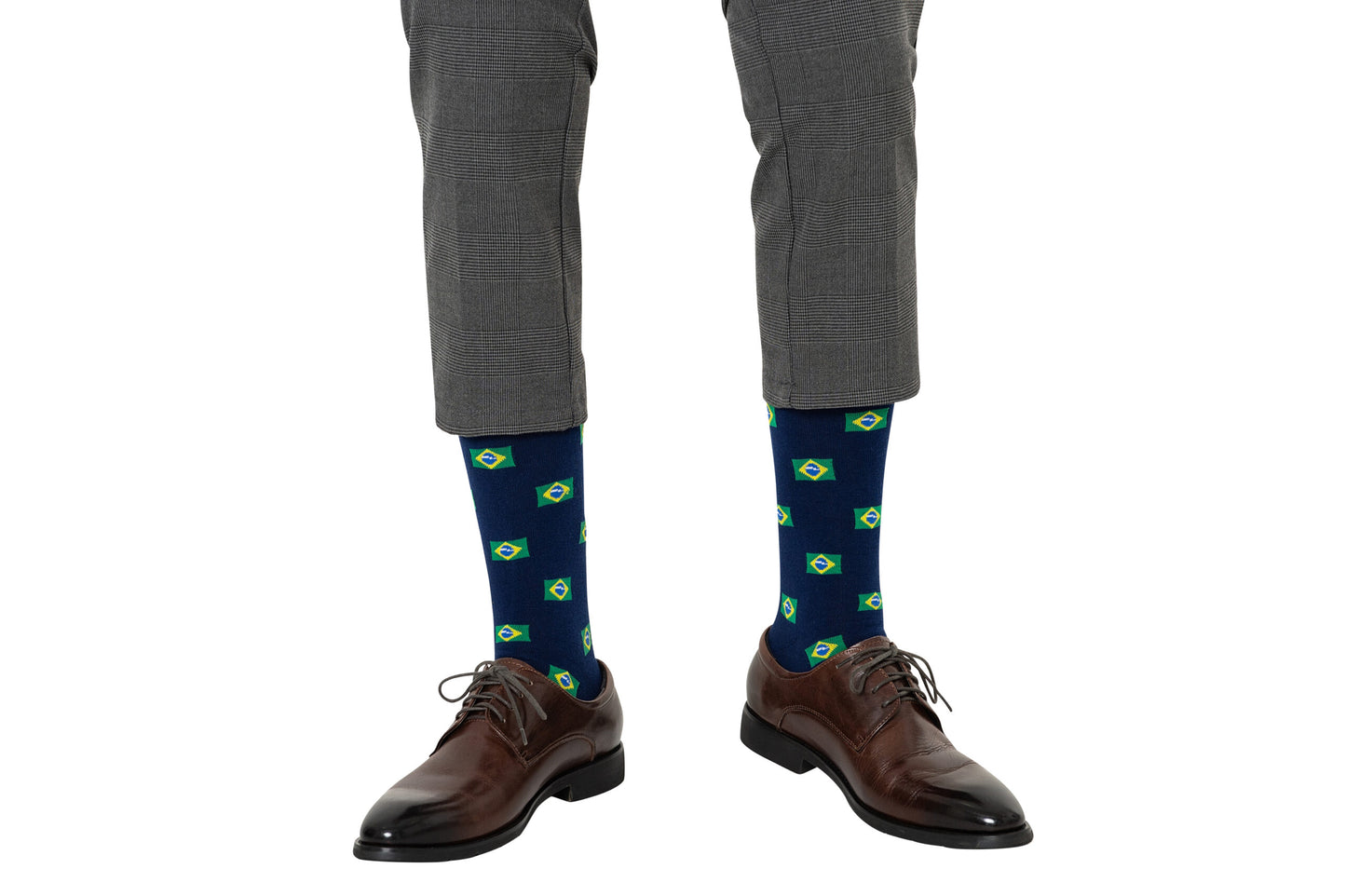A pair of legs wearing Brazil Flag Socks.